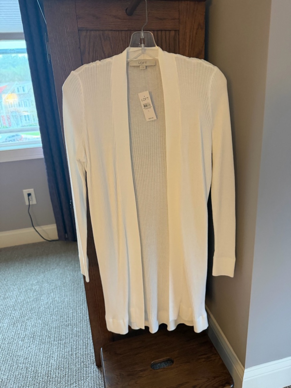 LOFT White Open-Front Ribbed Long Cardigan